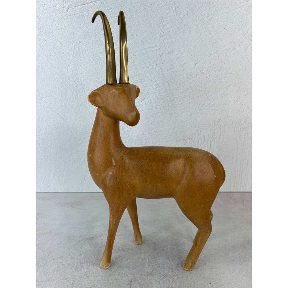 Art Deco Wood and Brass Antelope Deer 15” tall and 9” long‎